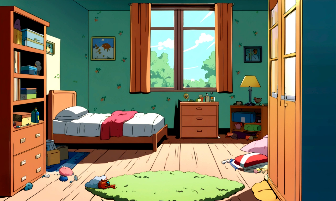 2D style anime, Cartoon style, a sloppy bedroom in America in 1960, a messy boy's bedroom, with a window in the left side and bed in the right side, with a closet, full view of the room.