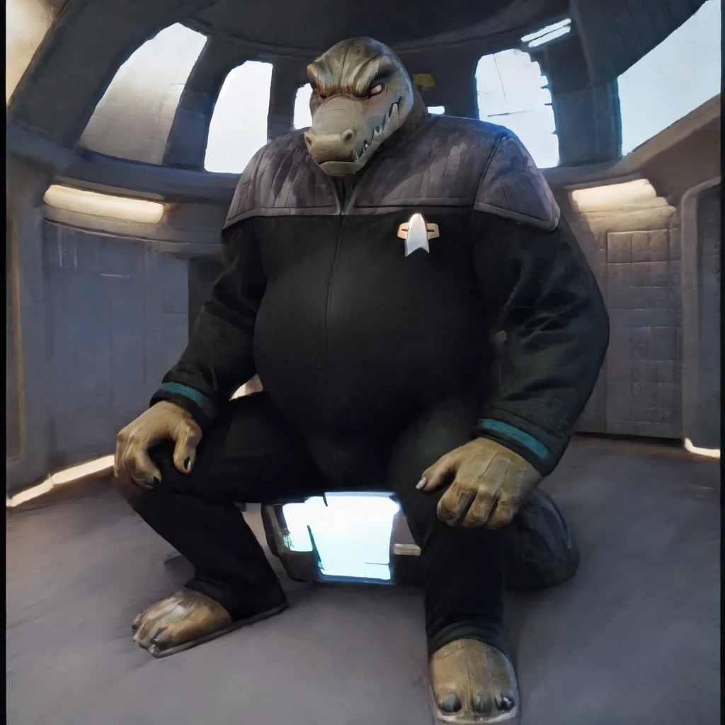 (((Barefoot scaley character, full body, cinematic setting, furry male, plantigrade)))
Doctor (((kingkrool))), crocodile, green skin, reptile, gold bracelets, scales, bloodshot eye, fat, obese,
exudes confidence and authority, wears star trek DS9 doctor teal uniform, ((ds9st, black and grey star trek uniform, grey shoulders, teal neck, black jumpsuit, black pants)) dynamic pose, holding medical tricorder,
((starship interior with many screens and consoles)), futuristic look, metalic, bright colors
BREAK, intricate details, highly detailed, extreme detail, octane render, fine art, best quality, highres, (detailed face:1.5), ((full_body)), UHD, (((perfect hands))), ((low light:1.5))