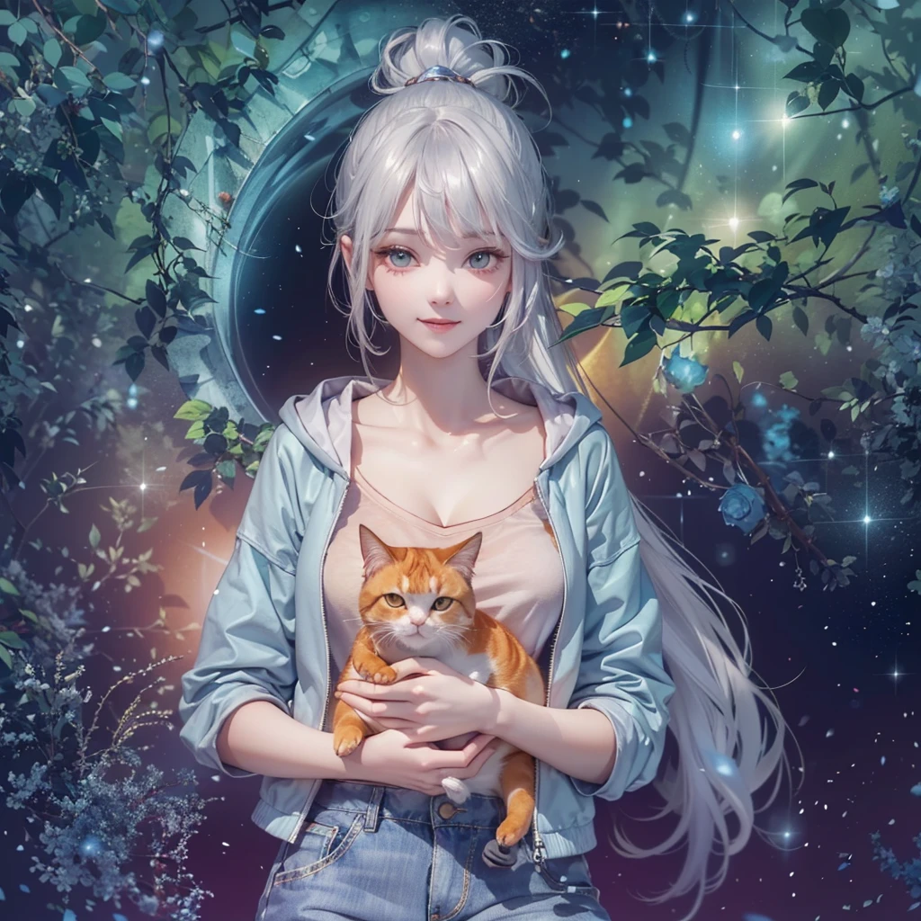 (((Holding a cute orange fat cat with super short legs in both hands,Correct anatomy))),((Highest quality,masterpiece,一位Mature美女,Super thin air parted bangs,Light blue denim gray hooded jacket,Blue gray high ponytail super long straight hair,Double sideburn curly hair,Hair ends curled in,Gray powder clothes,Exposed clavicle,Show all ears)),((Mature,Smile slightly,Look at the camera head-on)),starry sky galaxy background,Matte denim texture