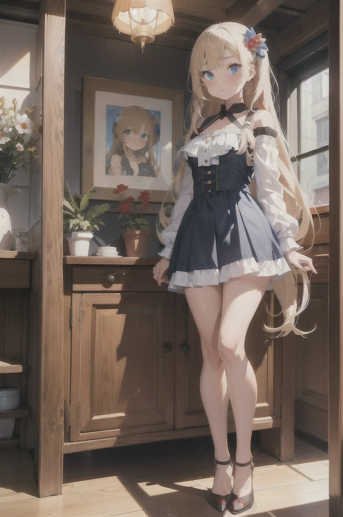 (best quality:1.4),(masterpiece:1.4),(8K:1.4),(extremely detailed:1.4),1girl,(heterochromia:1.4),(red eyes:1.4),(blue eyes:1.4),bare legs,bare shoulders,black footwear,(very long blonde hair:1.2),blue eyes,breasts,cake,cup,dress,flower,hair flower,hair ornament,heterochromia,high heels,lamp,long hair,long sleeves,looking at viewer,parted lips,plant,plate,potted plant,red eyes,solo,thighs,underwear,vase,very long hair,white dress,white flower,standing,