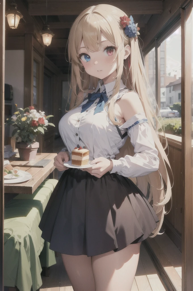 (best quality:1.4),(masterpiece:1.4),(8K:1.4),(extremely detailed:1.4),1girl,(heterochromia:1.4),(red eyes:1.4),(blue eyes:1.4),bare legs,bare shoulders,black footwear,(very long blonde hair:1.2),blue eyes,breasts,cake,cup,dress,flower,hair flower,hair ornament,heterochromia,high heels,lamp,long hair,long sleeves,looking at viewer,parted lips,plant,plate,potted plant,red eyes,solo,thighs,underwear,vase,very long hair,white dress,white flower,standing,