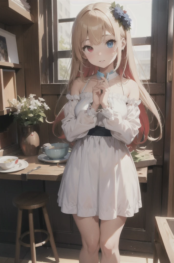 (best quality:1.4),(masterpiece:1.4),(8K:1.4),(extremely detailed:1.4),1girl,(heterochromia:1.4),(red eyes:1.4),(blue eyes:1.4),bare legs,bare shoulders,black footwear,(very long blonde hair:1.2),blue eyes,breasts,cake,cup,dress,flower,hair flower,hair ornament,heterochromia,high heels,lamp,long hair,long sleeves,looking at viewer,parted lips,plant,plate,potted plant,red eyes,solo,thighs,underwear,vase,very long hair,white dress,white flower,standing,
