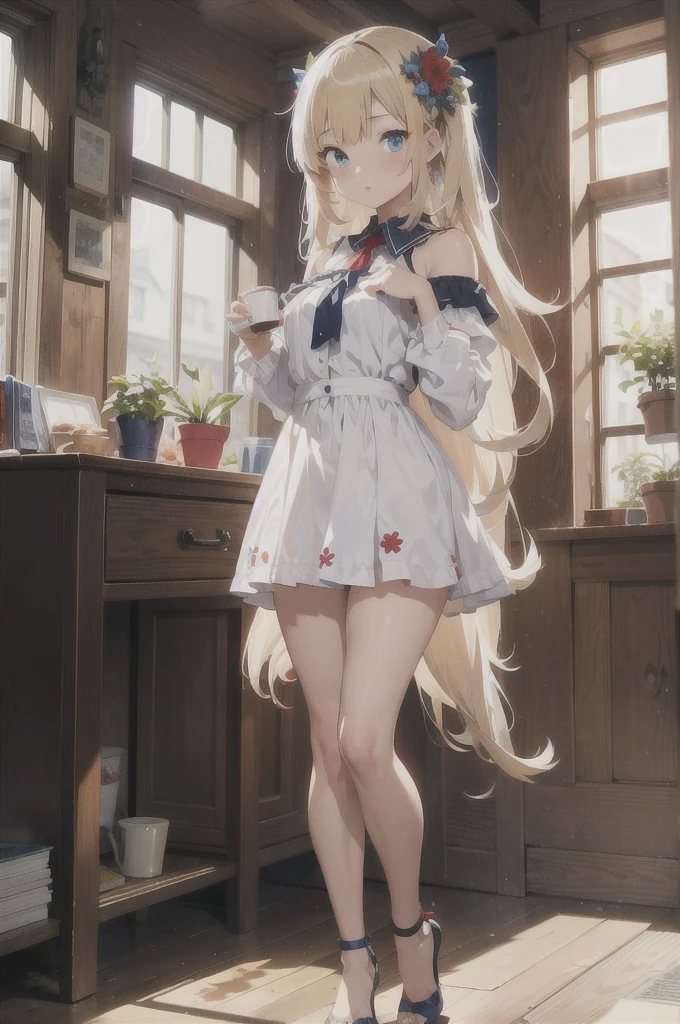 (best quality:1.4),(masterpiece:1.4),(8K:1.4),(extremely detailed:1.4),1girl,(heterochromia:1.4),(red eyes:1.4),(blue eyes:1.4),bare legs,bare shoulders,black footwear,(very long blonde hair:1.2),blue eyes,breasts,cake,cup,dress,flower,hair flower,hair ornament,heterochromia,high heels,lamp,long hair,long sleeves,looking at viewer,parted lips,plant,plate,potted plant,red eyes,solo,thighs,underwear,vase,very long hair,white dress,white flower,standing,