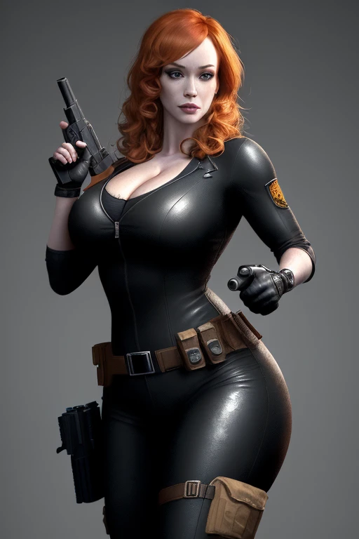 Christina Hendricks as an video game character, alluring 48 year old woman, High-quality facial research of Christina Hendricks, (Christina's sculpted cheekbones and slight wrinkles around the face), High-quality detailed research of Christina Hendricks voluptuous figure. ((aiming at the viewer with a gun)), skin-tight black leather suit, utility belt, two pistols, ((holding a handgun)), (((decent looking gun)))). Whole body, Casual pose, Beautiful pose, (Extremely detailed CG 8k wallpaper), (Extremely delicate and beautiful), (Masterpiece), (Best quality: 1.0), (Ultra-high resolution: 1.0), Beautiful lighting, Perfect lighting, Realistic shadows, [high resolution], Detailed skin, Super detailed (((Colorful))), Digital art, Resident Evil concept art, full body concept art, Expert concept art with high detail, concept-art, survival horror game concept art, concept-art, Mark Fillion style, Video game concept art, 4K, full body portrait
