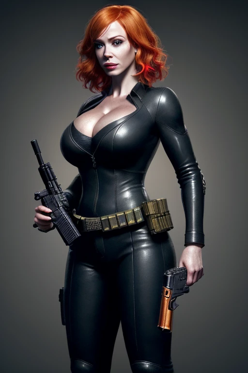 Christina Hendricks as an video game character, alluring 48 year old woman, High-quality facial research of Christina Hendricks, (Christina's sculpted cheekbones and slight wrinkles around the face), High-quality detailed research of Christina Hendricks voluptuous figure. ((aiming at the viewer with a gun)), skin-tight black leather suit, utility belt, two pistols, ((holding a handgun)), (((decent looking gun)))). Whole body, Casual pose, Beautiful pose, (Extremely detailed CG 8k wallpaper), (Extremely delicate and beautiful), (Masterpiece), (Best quality: 1.0), (Ultra-high resolution: 1.0), Beautiful lighting, Perfect lighting, Realistic shadows, [high resolution], Detailed skin, Super detailed (((Colorful))), Digital art, Resident Evil concept art, full body concept art, Expert concept art with high detail, concept-art, survival horror game concept art, concept-art, Mark Fillion style, Video game concept art, 4K, full body portrait
