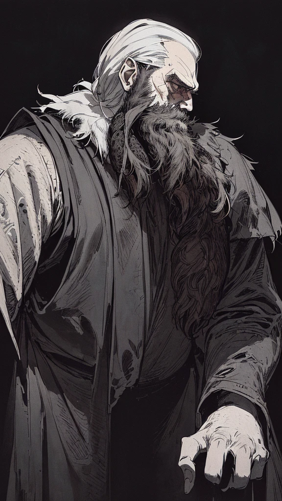 Best quality, (background_detail), high_contrast, detail_original_illustration, warrior, muscular, villain face, armor, full body, sword_holding, medieval, deep_wrinkles_on_eyebrows, middle_aged_man, dark_stitch_landscape, (dramatic_lighting:1. 25), (shaded_background:1.2), (gray_hair:1.2), (nice_beard_and_beard:1. Beard:1.3) large figure, delicate face, evil smile, sharp eyes, black background, (black background:1. 5) beautiful line drawing, black and white

Translated with DeepL.com (free version)