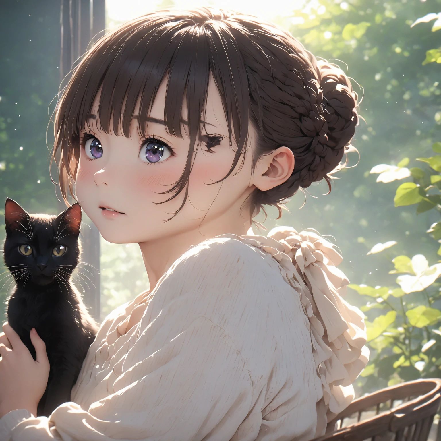 best quality、Black Catを抱く***、Cute 14 year old girl、Brown hair tied into a bun、Black Cat、Natural appearance、Long Shot、Natural light