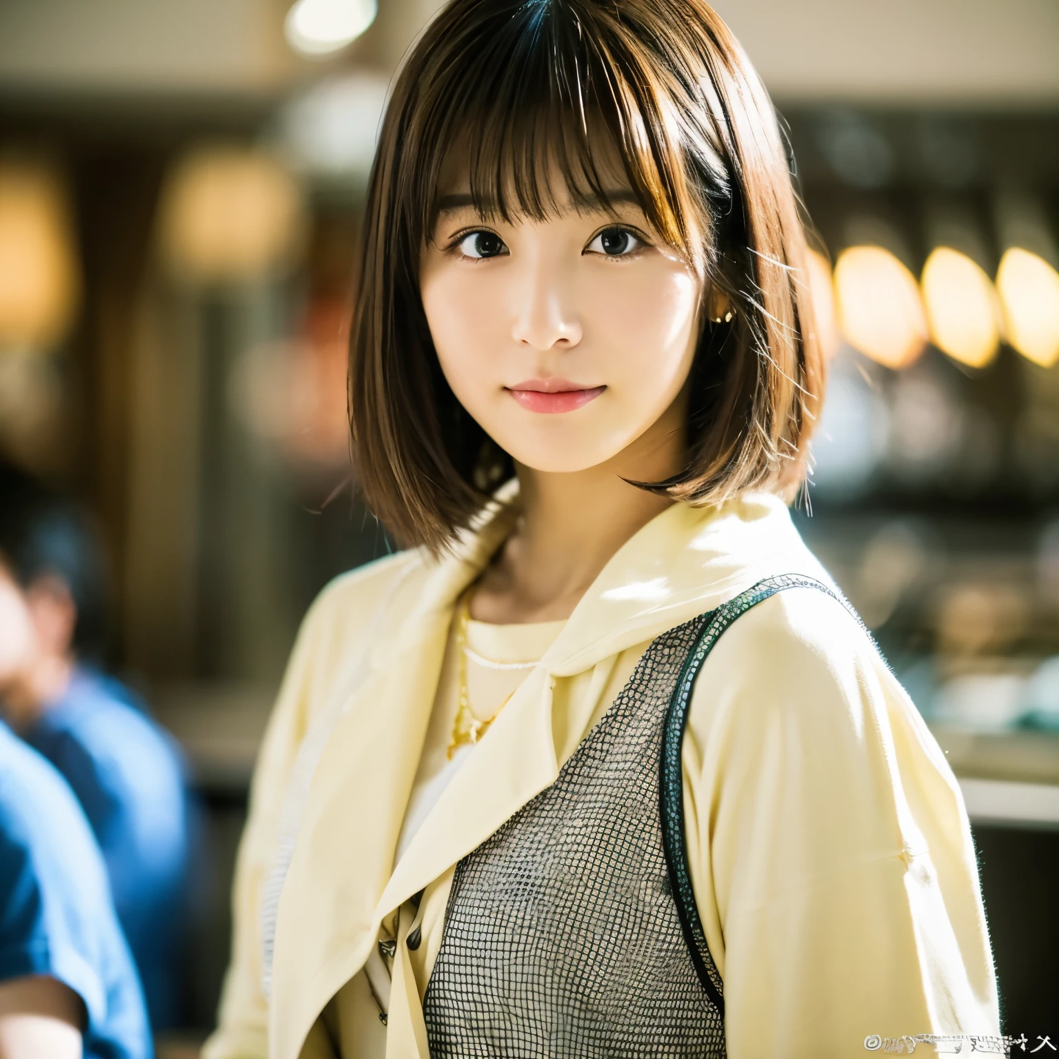 super high quality, Short Hair, Slender, Gravure photoshoot, The staff is working at the counter in the back., (8k、RAW Photos、highest quality、masterpiece:1.2), Japanese Idol, Shaggy, Sportswear, Stylish café, (Realistic、Photorealistic:1.37), Mesh Hair, Normal chest, Urban Cafe, Golden Ratio, Raw photo, Cute face , Light Brown Hair, Bright cafe interior, Blurred Background, Spring Clothes, A sweet expression, Watching the audience, Beautiful hairstyle, 20-year-old, Hair blowing in the wind, Neat clothes, 
