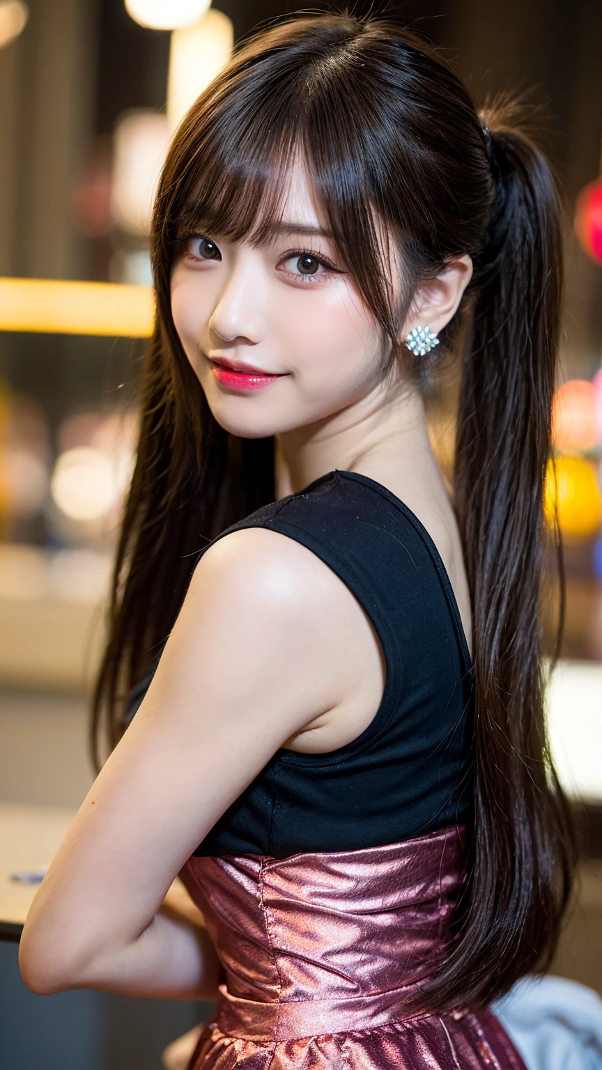 Tabletop, Highest quality, shape, Very detailed, finely, High resolution, 8k wallpaper, 完璧なダイナミックな構shape, finelyて美しい目, one piece,Medium Hair,Natural color lip, smile,21 years old、cute、Looking into the camera、F Cup、Brown Hair、Blurred night New York background,Earrings,(Pinkal),((Model pose)),Big Breasts,Twin tails