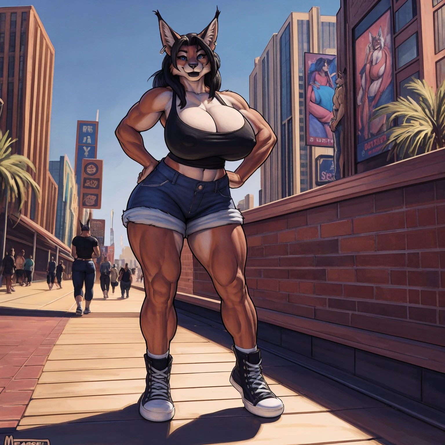 by darkgem, by duase, by BNG, by sligarthetiger, sergal, anthro, female, older woman, furry body, wide body, wide hips, thick thighs, big arms, (huge breasts:1.1), (heavy breasts:1.3), nipple outline, highly detailed eyes, milf, tank top, bare midriff, cleavage, large areolae, blue jeans, lowrise jeans, bare midriff, visible thong straps, Masterpiece, best quality, absurd res, highly detailed, cleanly drawn eyes, park environment, cute smile, standing upright, casual posture, buff, empty hands,
