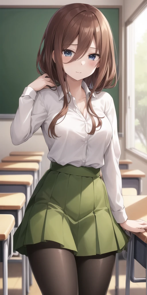 2D, masterpiece, Highest quality, anime, Very detailed, One girl, alone, Cowboy Shot, nakano miku, Brown Hair, Hair between the eyes,pantyhose, Collared shirt, Green Skirt, mini skirt, Medium chest, Are standing, School,classroom