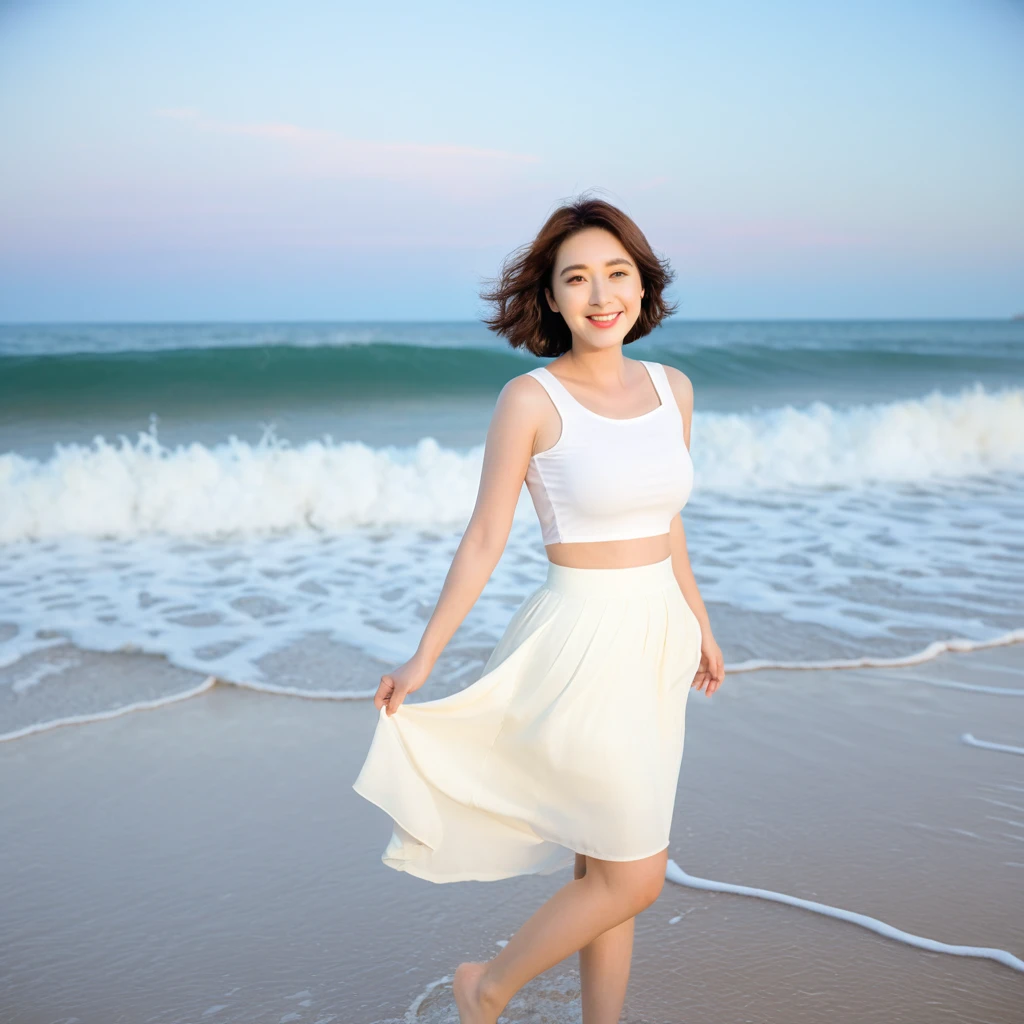 sunset beach soft light,There is a subtle lingering feeling., Beautiful 36-year-old short Korean woman, Chest size 34 inches, Wear white short-sleeved, sleeveless clothing that covers your stomach., lightweight mid length skirt. beautiful pretty woman look , wearing a light skirt , Go far into the sea water and dip your toes., Short medium hair blowing in the wind, 1 woman, beautiful eyes, Smiling, Full-body photo taken from afar with a wide-angle lens, The background is clean and perfect., the waves are coming, short woman