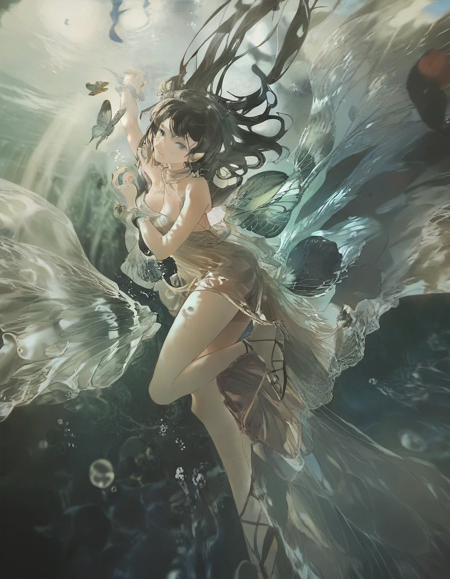 detailed, aesthetic, beautiful, beautiful color, amazing quality, best quality, underwater, 1girl, butterfly wings, black hair, dress, blue eyes, looking at viewer, floating hair