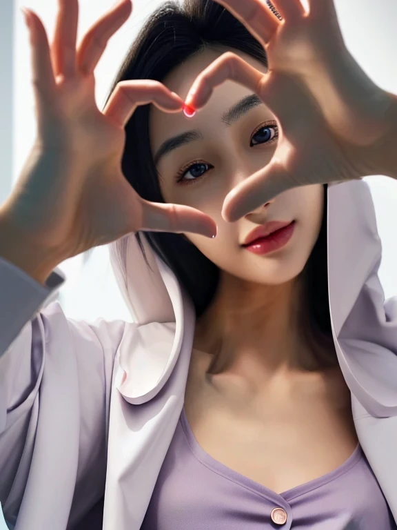 (medium shot:1.2), looking at viewer, smiling elegant slim asian woman, Korean, wearing (labcoat:1.4), black hair, (heart hands), (modern surgery room), photo, 1girl, ultra high res, realistic photorealistic, ultra-detailed, finely detailed, high resolution, perfect dynamic composition, (perfect eyes), (detailed eyes), solid circle eyes, sparkling eyes, (clean eyes), anatomically correct, super detail, textured skin, extremely detailed face and eyes, detailed facial features, ((perfect face)), wide hips