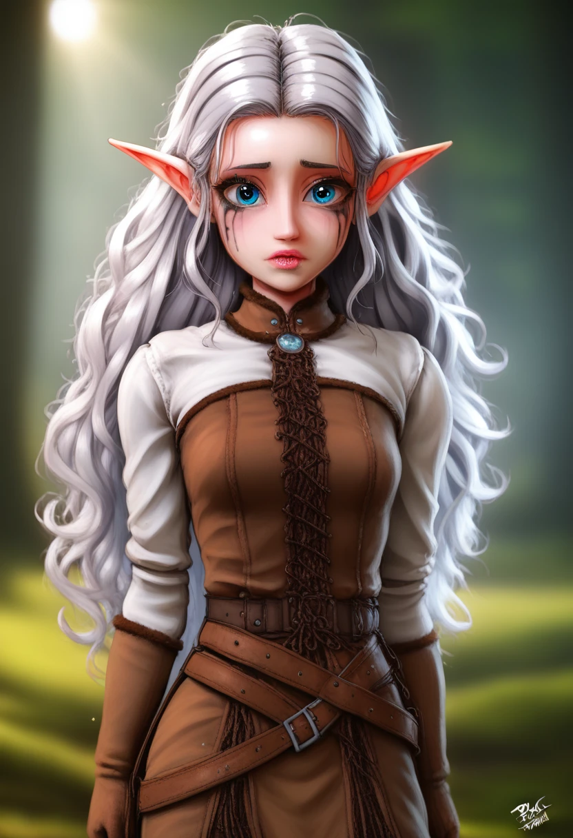 mdnn, (sharp focus:1.2), portrait, attractive young woman, (beautiful face:1.1), detailed eyes, luscious lips, (eye makeup:1.2), (tight body:1.2). (morning sun lighting:1.2), depth of field, bokeh, 4K, HDR. by (James C. Christensen:1.2|Jeremy Lipking:1.1) a small gnome girl with pale skin, very long wavy silver hair covering one eye, bright blue anime-style eyes with long lashes, wearing a corset, white puffy long sleeved shirt, and puffy cloth pants, leather bound boots, set in a windy fantasy landscape, (best quality, 4k, 8k, highres, masterpiece :1.2),ultra-detailed,dungeons and dragons, long elf ears, detailed skin and cloth textures, cute detailed face, intricate details, extremely detailed, 1girl, dynamic pose with hair covering one eye, shy personality, puffy cloth pants with leather belt, detailed privateer outfit, detailed buccaneer outfit, pouch on belt, wearing ornate leather armor with fur trim, silver inlay detail, wearing fur trimmed boots, wearing fur trimmed gloves, short, short height, halfing girl, small girl, very long detailed flowing hair, big head, big round eyes, windy, wind blown hair, wirey muscles, fighter, dynamic angle, kineticist, pathfinder, pathfinder kineticist, wind kineticist, pouty lips