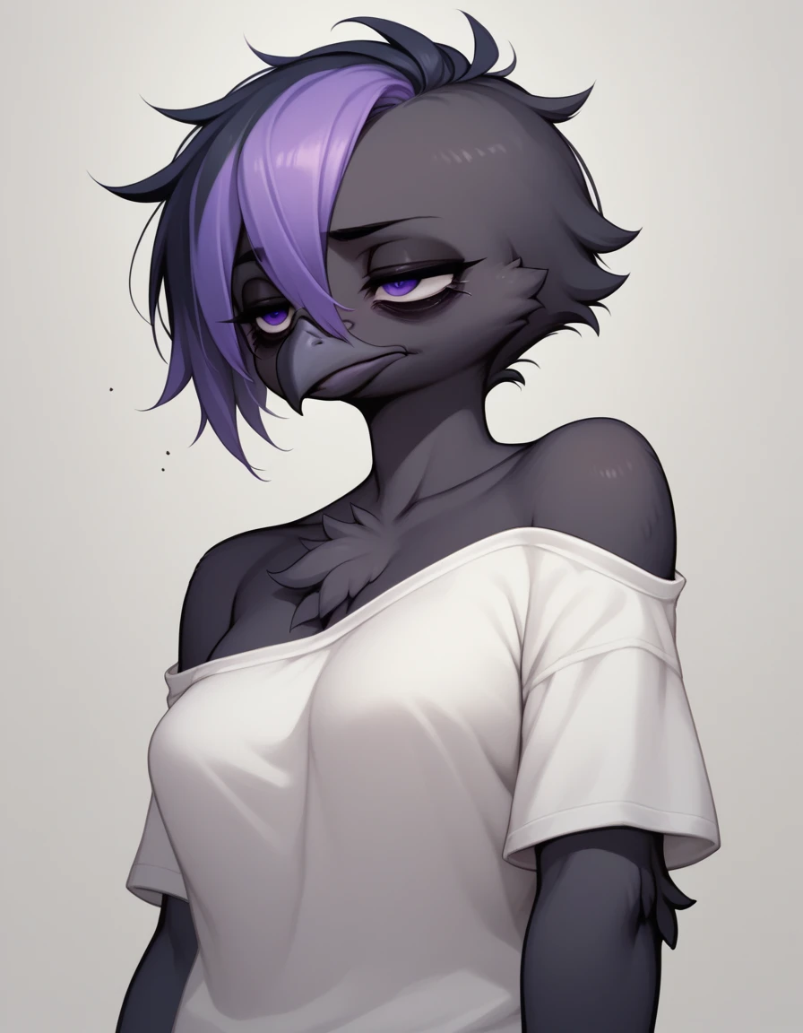 score_9, score_8_up, score_7_up, kemono style. sera, black avian, purple eyes, tired eyes, bags under eyes, puffed up feathered chest fluff, female, standing, wearing only oversized white t shirt, exposed shoulder, hunched over, 
