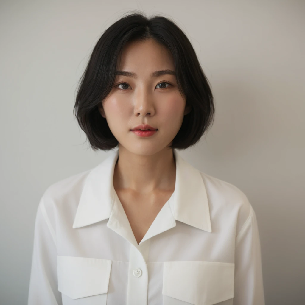 Best Quality, 8k, Masterpiece, (Portrait: 1.3), (photo realistic:1.4), (hyper realistic:1.4), Sharp Focus, looking at viewer, (smoother lighting:1.1), (increase cinematic lighting quality:0.9), realistic lighting, backlighting, light on face, ray trace, (brightening light:1.2), (Increase quality:1.4), sharp detail, (best quality real texture skin:1.4), finely detailed eyes, black_eyes, finely detailed face, 25 year old Korean woman