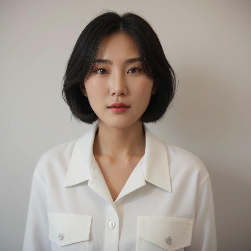 Best Quality, 8k, Masterpiece, (Portrait: 1.3), (photo realistic:1.4), (hyper realistic:1.4), Sharp Focus, looking at viewer, (smoother lighting:1.1), (increase cinematic lighting quality:0.9), realistic lighting, backlighting, light on face, ray trace, (brightening light:1.2), (Increase quality:1.4), sharp detail, (best quality real texture skin:1.4), finely detailed eyes, black_eyes, finely detailed face, 25 year old Korean woman