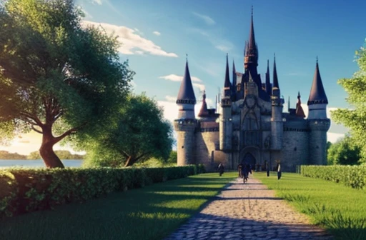 a path leads us to a castle, sunny blue skies, gothic architecture, walls, calm after storm, 3d