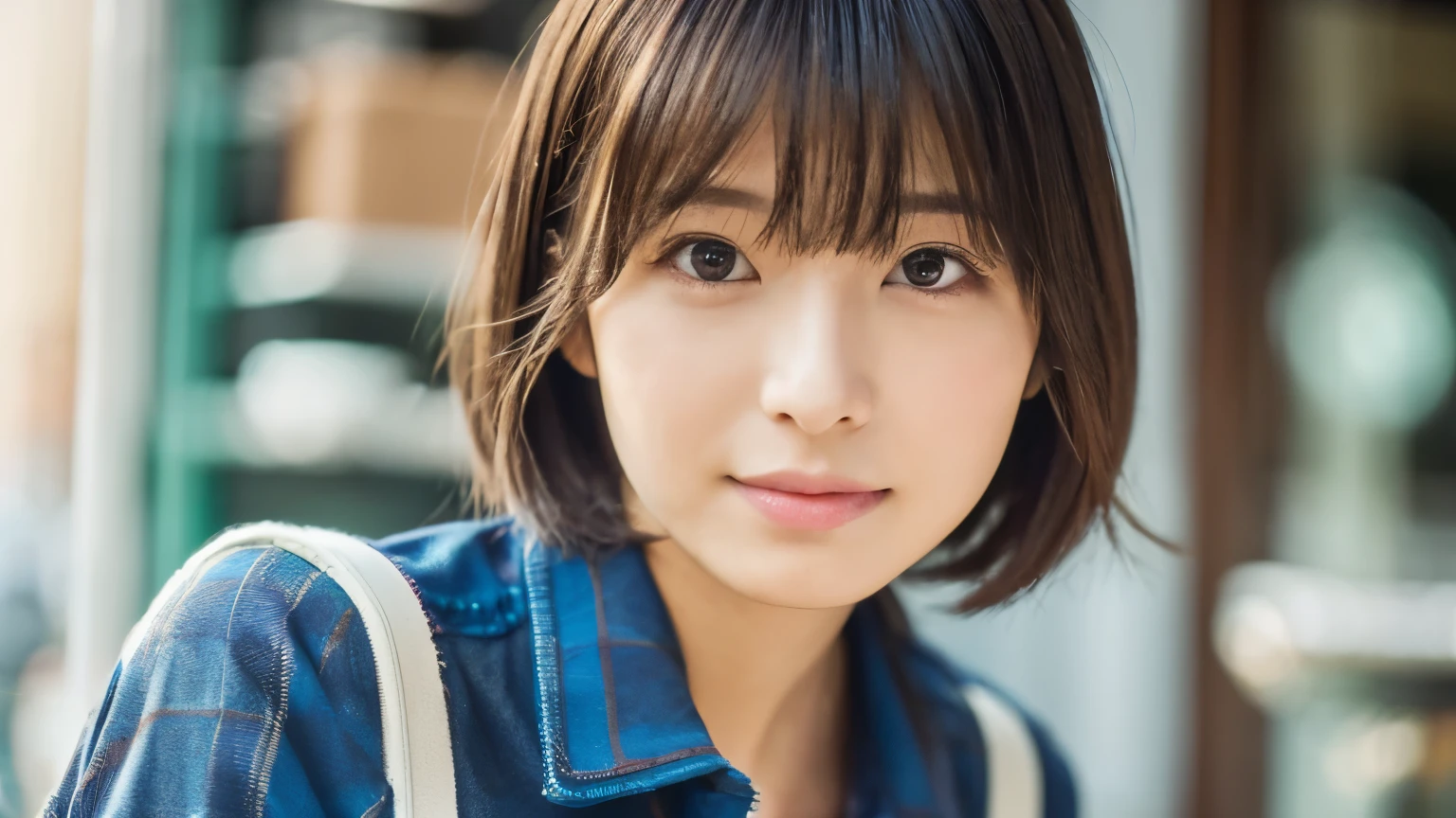 super high quality, Short Hair, Slender, Gravure photoshoot, The staff is working at the counter in the back., (8k、RAW Photos、highest quality、masterpiece:1.2), Japanese Idol, Shaggy, Sportswear, Stylish café, (Realistic、Photorealistic:1.37), Mesh Hair, Normal chest, Urban Cafe, Golden Ratio, Raw photo, Cute face , Light Brown Hair, Bright cafe interior, Blurred Background, Spring Clothes, A sweet expression, Watching the audience, Beautiful hairstyle, 20-year-old, Hair blowing in the wind, Neat clothes,