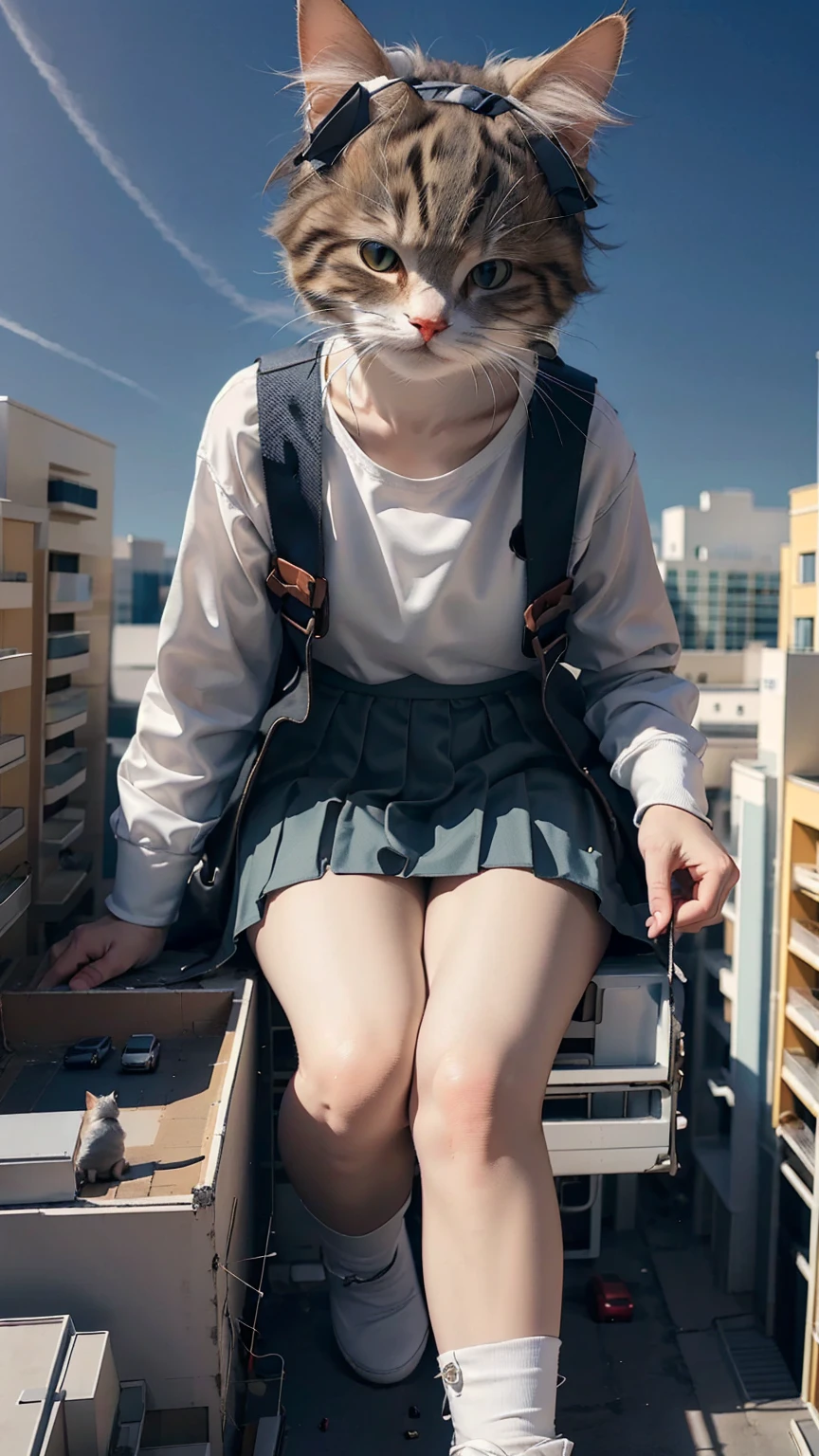 (Best Quality, Masterpiece:1.2), Pressure, 1 High School Girl, Cat Face, Super Titan, Giant, Aerial Photography, Building Sheet, Shrinking the City, Depth of Field, High Resolution, Ultra High Resolution, 8k, very detailed, realistic, sunlight, pleated skirt, aerial perspective, blue sky