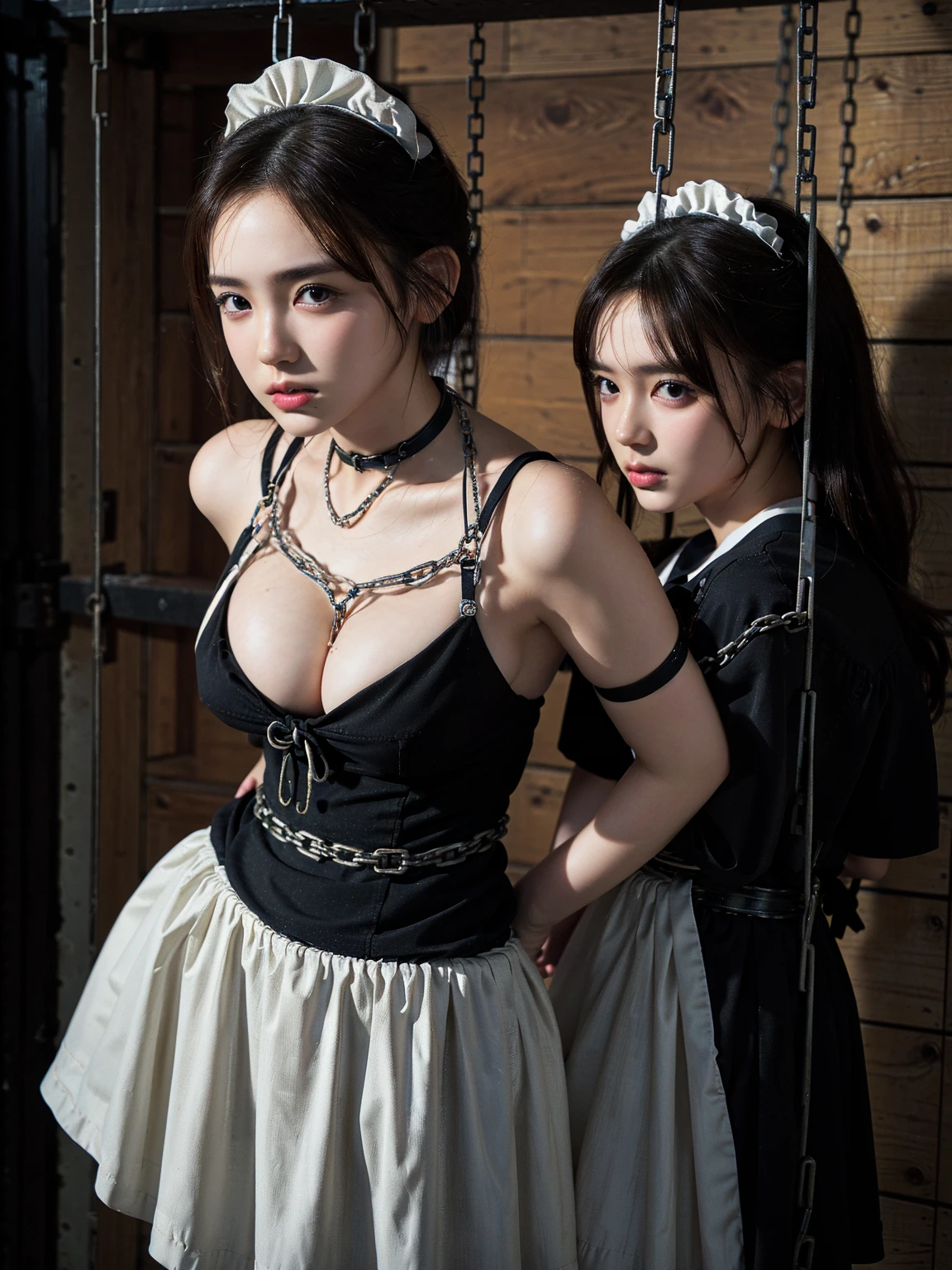 (41k4:0.65), (aika-sawaguchi:0.6), masterpiece, Best Quality, 8K, Raw photo, (maid:1.7), (full body shot:1.4), top-notch quality, masterpiece, (exceptionally detailed RAW color photo, professional-grade photograph), (facing viewer:1.5), (bondage:1.5), (shackled:1.6), (tied up with chains:1.5), (slave:1.5), (wearing slave collar:1.3), (looking at viewer:1.4), (Realistic, Photorealistic:1.37), (highly detailed skin:1.2), Ultra-high resolution, (lens 50mm), (masterpiece, top-quality:1.3), (hyper realistic:1.35), (Photorealistic:1.45), (Realistic:1.4), solo, (1 pretty Japanese girl), 21 years old, Japanese idol, supermodel, pale skin, (slim:1.3), (slim body:1.25), (slender body:1.25), (narrow waist:1.35), pretty face, (large breasts:1.15), (deep cleavage:1.4)