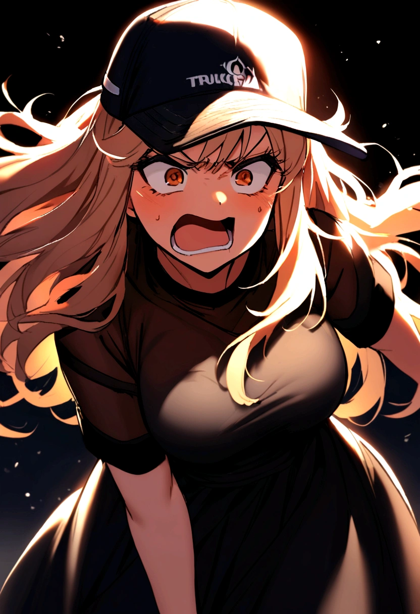 a trucker princess, wears a dress and a baseball cap, has an angry expression