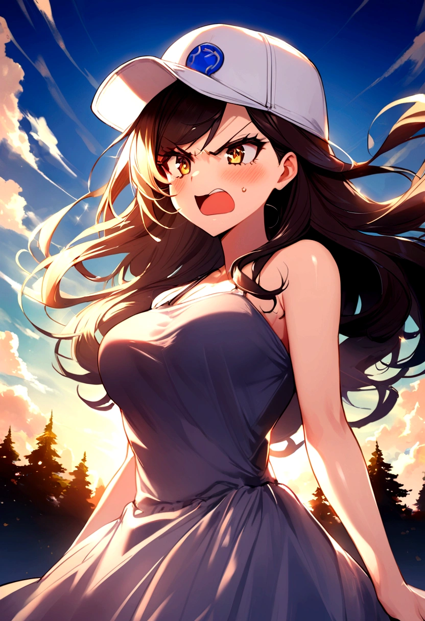 a trucker princess, wears a dress and a baseball cap, has an angry expression