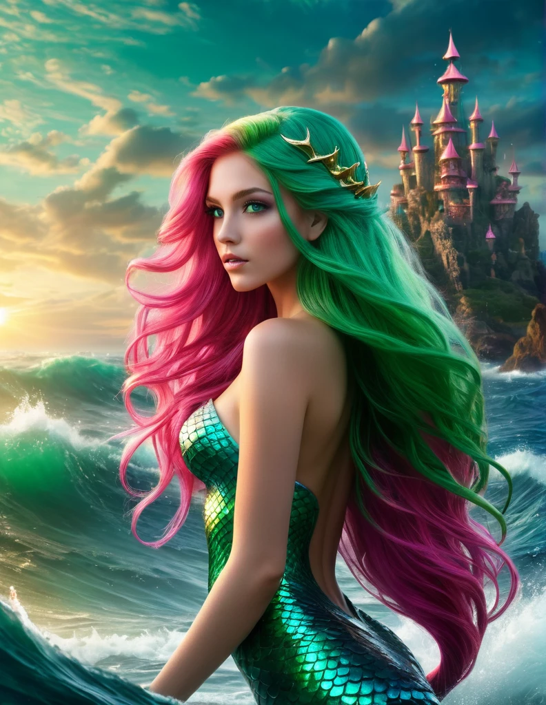 very attractive 25 year old girl with long bright pink hair, Mermaid Princess, Imagine a Powerful hot attractive back body view sparkle skin mermaid princess with shiny green eyes and powerful Trident,falling heavy hair,who is ruling the Ocean empire, Epic cinematic brilliant stunning intricate meticulously detailed dramatic atmospheric maximalist digital matte painting