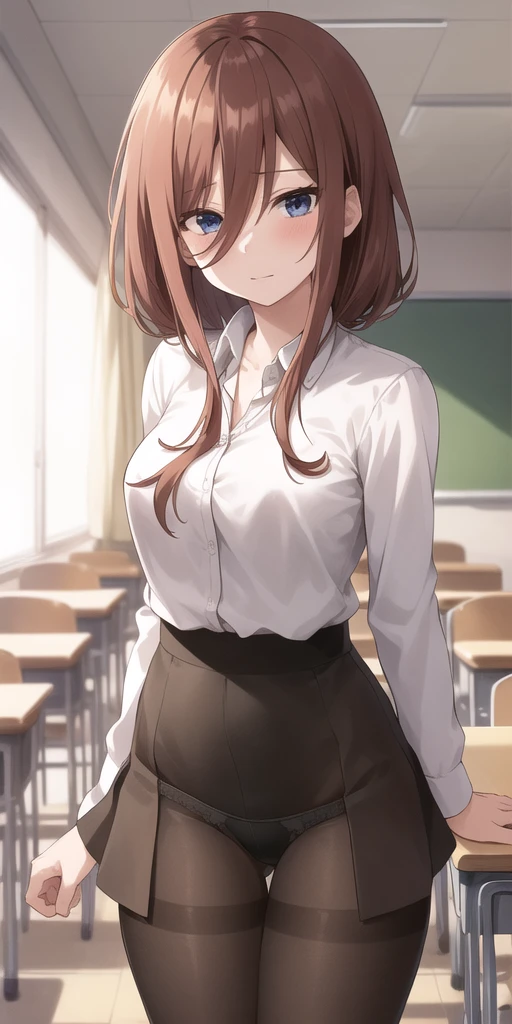 2D, masterpiece, Highest quality, anime, Very detailed, One girl, alone, Cowboy Shot, nakano miku, Brown Hair, Hair between the eyes,pantyhose, Collared shirt,panties mini skirt, Medium chest, Are standing, School,classroom