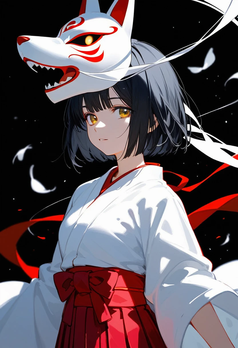(score_9, score_8_up, score_7_up), absurdres, best quality, official art, masterpiece, attention to detail, by erere, 1girl, short hair, reverse bob cut, black hair, miko, fox mask, mask on, Japanese clothes, kimono, white kosode, white kimono, red hakama skirt, sleeves past wrists, upper body, black background, simple background, masterpiece, Very aesthetic, best quality, white background