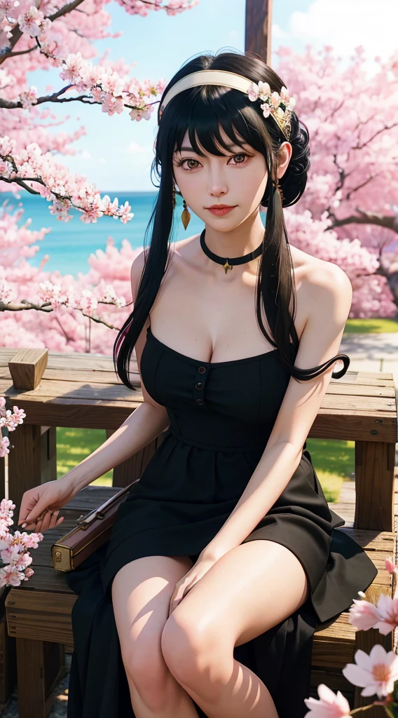 yor, Mature female,  bangs, side locks, Red eyes, Black hair, hair adornments，sportrait, (face:1.2), schoolgirls, ssmile,bare shoulders​, Black hair, cherry blossom, cleavage, (gown:1.21), clavicle, Willow Branch, (masterpiece best quality :1.2),