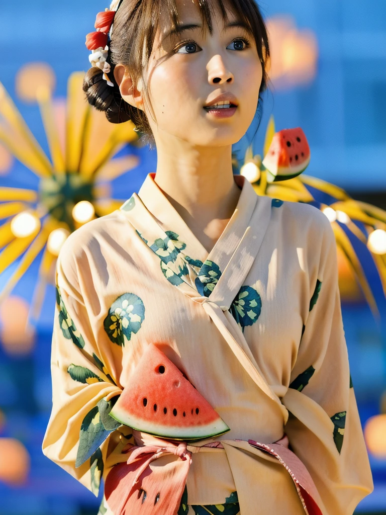 (fireworks), 1girl,(matsuri) (((Watermelon patterned yukata))), , (absurdres, highres, masterpiece), (night), vibrant colors, fluid colors, fine detailed beautiful face, ultra detailed, cowboy shot