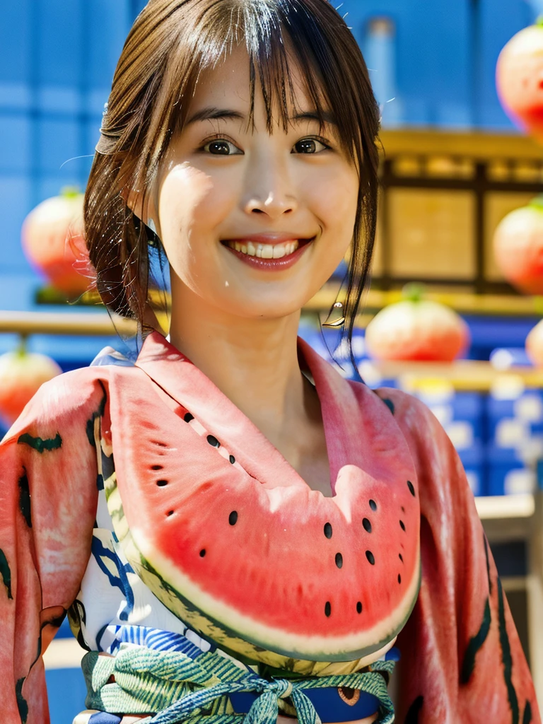 (fireworks), 1girl,(matsuri) (((Watermelon patterned yukata))), , (absurdres, highres, masterpiece), (night), vibrant colors, fluid colors, fine detailed beautiful face, ultra detailed, cowboy shot