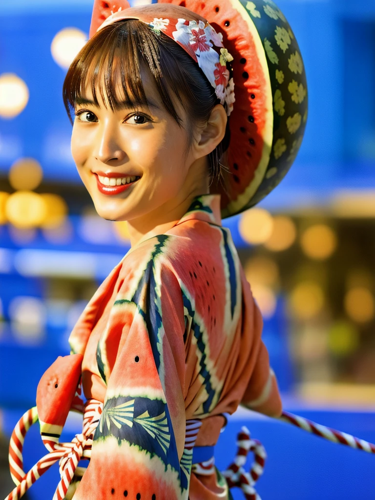 (fireworks), 1girl,(matsuri) (((Watermelon patterned yukata))), , (absurdres, highres, masterpiece), (night), vibrant colors, fluid colors, fine detailed beautiful face, ultra detailed, cowboy shot