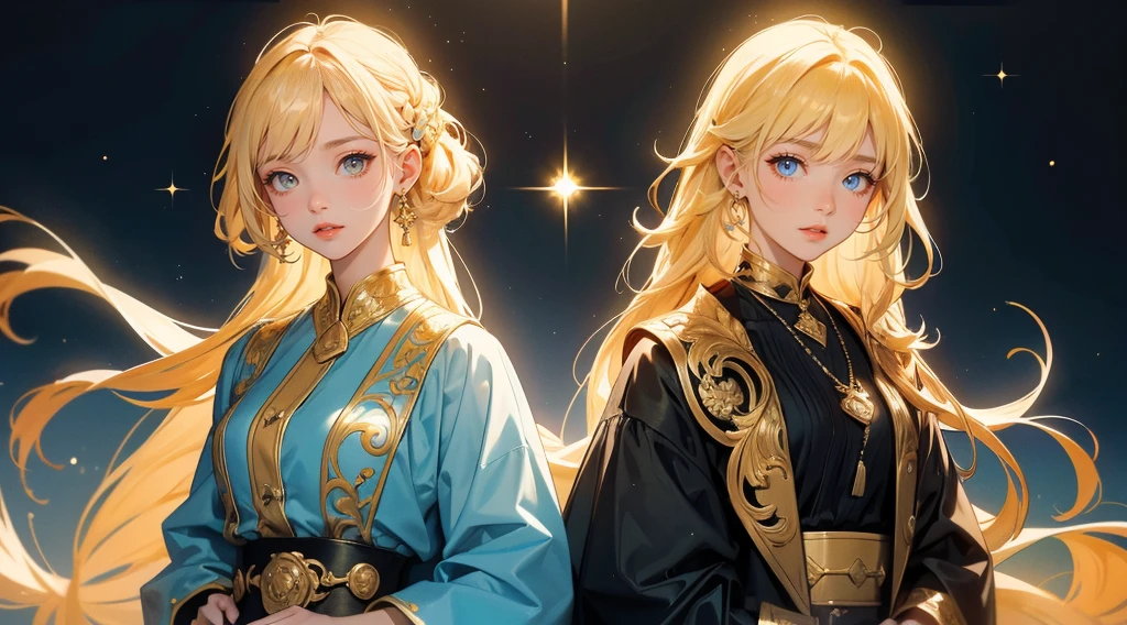 Here is the modern book cover for "Castle in the Golden Cage" featuring the twin girls with contrasting looks and vibrant background. feature twin girls with a bright and lively look, using an art style similar to animated or manga illustrations. The first girl should have a neat, e-like face with long straight hair, dressed in modern clothing. The second girl should have curly hair with a fierceunning expression, dressed in historical attire from 70-80 years ago. They are standing back-to-back, highlighting the contrast in their styles and expressions. The background should be colorful and vibrant, emphasizing the contrast between the characters. The line art should be clean and detailed, capturing the essence of both the bright, lively atmosphere and the dramatic tension between the characters Contemporary art, cinematic lighting, sparkle, wide shot, f/1.2, best quality, award winning, 8k, super detail, UHD