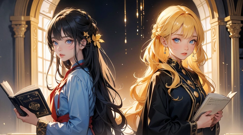 Here is the modern book cover for "Castle in the Golden Cage" featuring the twin girls with contrasting looks and vibrant background. feature twin girls with a bright and lively look, using an art style similar to animated or manga illustrations. The first girl should have a neat, heroine-like face with long straight hair, dressed in modern clothing. The second girl should have curly hair with a fierce and cunning expression, dressed in historical attire from 70-80 years ago. They are standing back-to-back, highlighting the contrast in their styles and expressions. The background should be colorful and vibrant, emphasizing the contrast between the characters. The line art should be clean and detailed, capturing the essence of both the bright, lively atmosphere and the dramatic tension between the characters Contemporary art, cinematic lighting, sparkle, wide shot, f/1.2, best quality, award winning, 8k, super detail, UHD