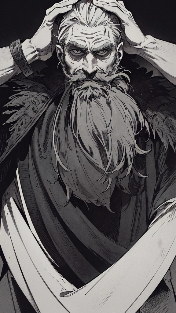 Best quality, (background_detail), high_contrast, detail_original_illustration, warrior, muscular, villain_face, armor, full_body, holding_sword, medieval, deep_wrinkles_on_eyebrows, middle_aged_man, dark_stitch_landscape, (dramatic_lighting:1. 25), (shaded_background:1.2), (gray_back hair:1.) (Short well-groomed beard_beard:1.3), Large figure, Delicate face, Evil smile, Sharp eyes, Black background, (Black background:1. 5) Beautiful line drawing, Black and white