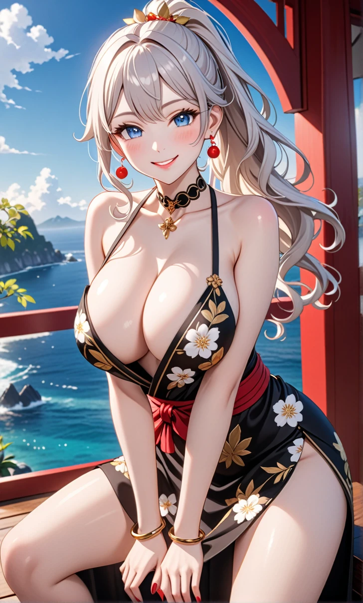 ultra-detailed, ((one girl)), (pale skin:1.4), hyper detailed, absurdres, 8K, fair skin, Beautiful Face, (Laugh shyly), ((teasing smile:1.8)), ((Wink:1.7)), (Laugh with your mouth wide open),((Tilt your head:1.6)), View your viewers, ((Bright red cheeks:1.6)),Glossy Red Lips, ((Big Breasts:1.5)), ((show off breast:1.4)), ((erect nipples)), night, Observation deck with ocean view, ((Anime style background)),masterpiece, Highest quality, so beautiful,Latest, Complex details, (Pink long nails), (nail art), (ring),(bracelet), (Floral Choker),AI-generated, Complex,High resolution, Highest quality, super high quality,3D Images、3D Images,One person,long white hair,(High Ponytail), (wavy hair:1.1), Anime woman posing for a photo, ((Fine grain、blue eyes、glowing eyes:1.4)), (Squint your eyes:1.1),a hyperRealistic , hyperRealistic , Realistic,Anime woman with long white, Smooth anime CG art, Girl in black kimono, Gold embroidery, ((black furisode)),(Large floral pattern) , ((undressing)),  Long flower hair ornament,Floral Earrings,Mature Body, tall,Abdominal muscles,Narrow waist,((leaning forward:1.5)), (hands on knees), (front view),