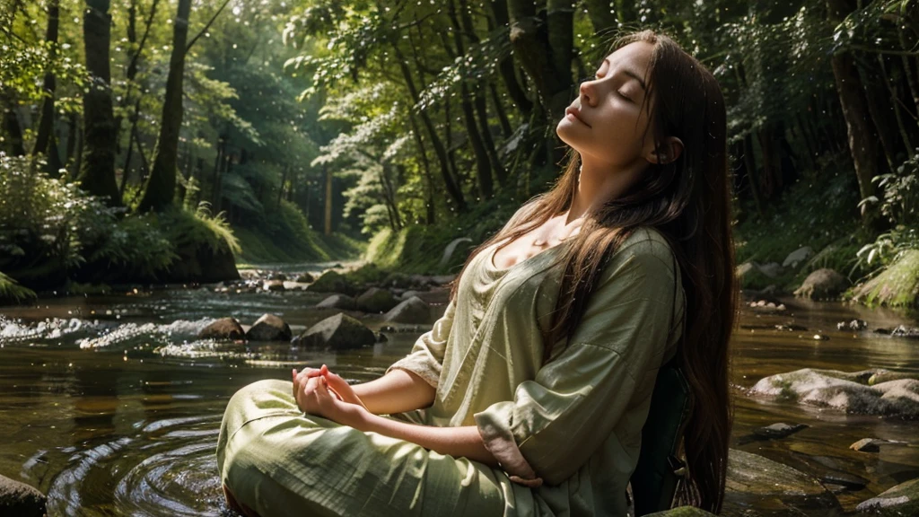 a woman meditating by a river in a forest, lush green forest, river, tranquil meditation, peaceful atmosphere, detailed face and expression, beautiful eyes, long hair, natural setting, serene, calming, idyllic landscape, photorealistic, high resolution, 8k, best quality, masterpiece, cinematic lighting, warm color tones, golden hour lighting