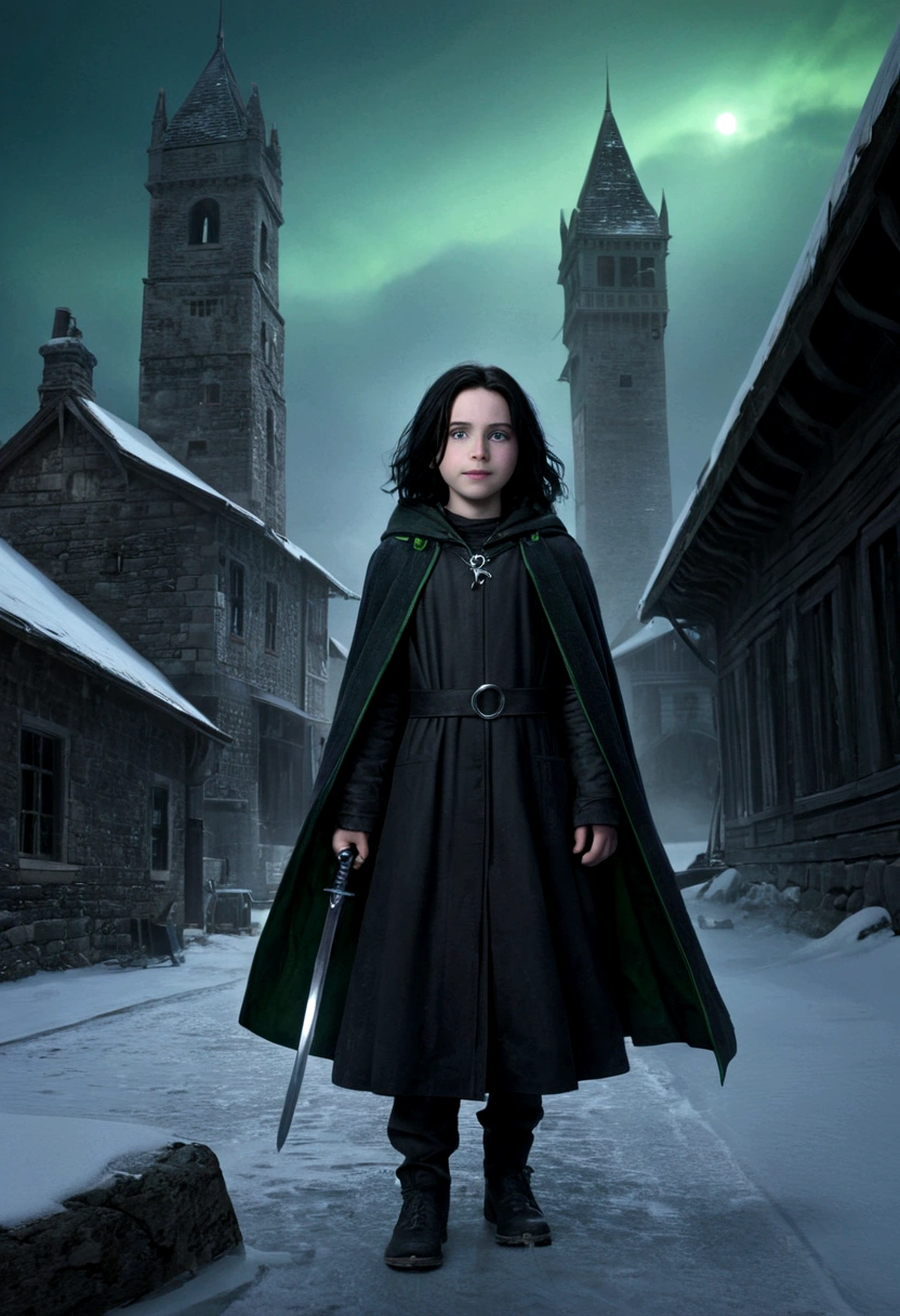 Masterpiece, young 9--old ghter of severus snape,((highest quality)),(ultra high resolution),(Super detailed),(detailed description),((best CG)),(best work of art) ,black hair, green eyes,  The best quality, landscape, splendid, drainer, Perfect face,1, dry, hood, snow, holding a sword, magic sword, joya, glow, black coat, chill, mountains, bleak, Alone, Badass, Misteryous, dark, Incredible view, Knob, scary, dynamic pose, energetic, They are smiling, close
