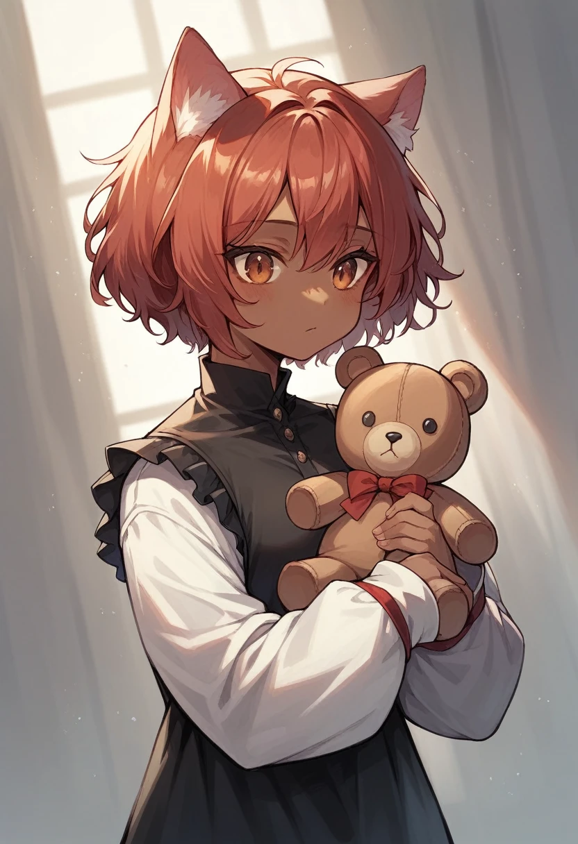 A little one with brown skin and cat ears,short and red hair,with black dress and white sleeves,holding a teddy bear