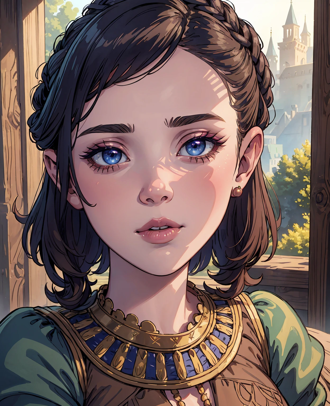 Millie bobby brown, villager in fantasy world, detailed facial features, beautiful eyes, detailed lips, long eyelashes, medieval dress, peasant girl, detailed jewelry, ornate hairstyle, warm lighting, glowing magical aura, soft pastel colors, dreamlike atmosphere, cinematic composition, intricate background details, high quality, 8k, photorealistic, masterpiece