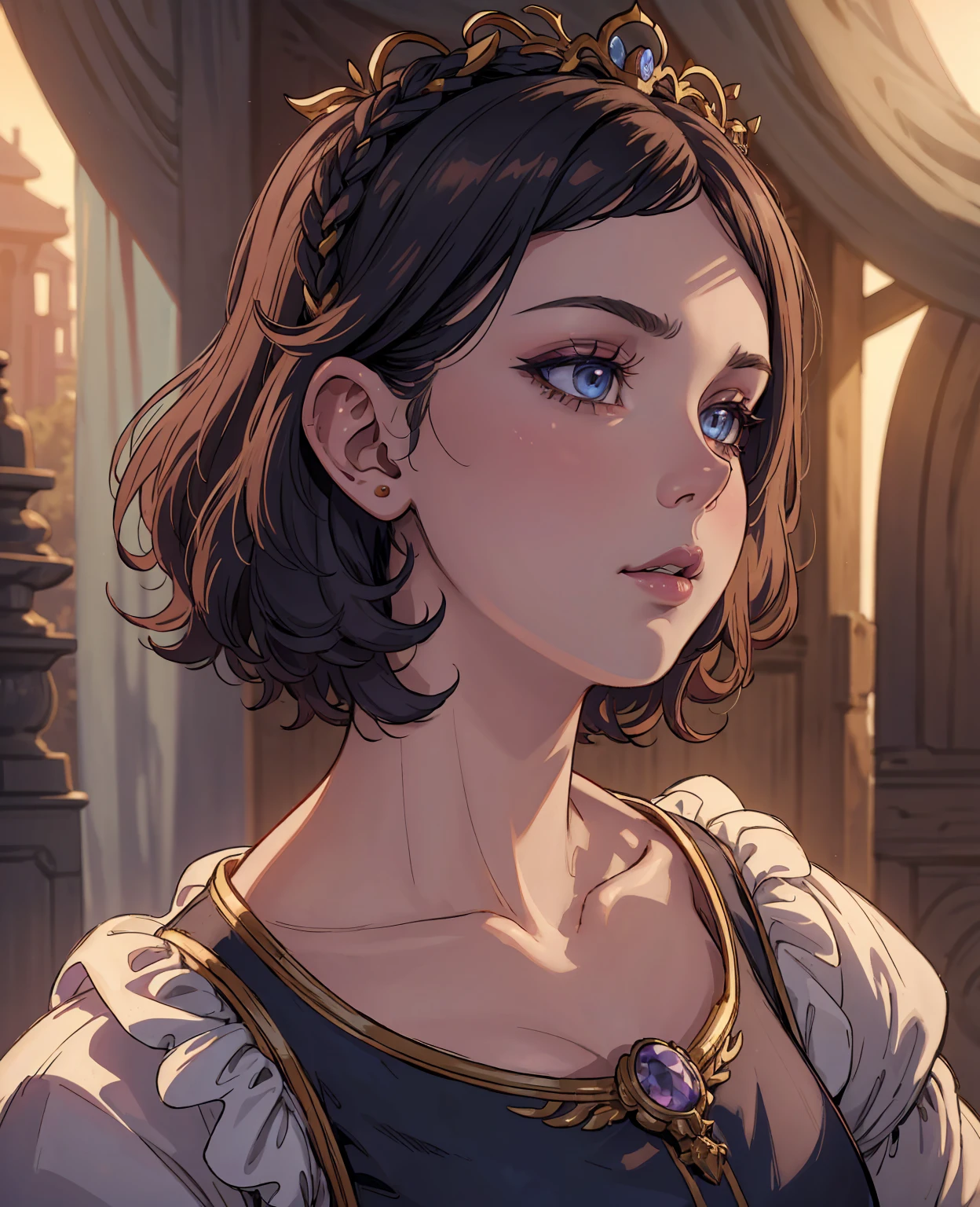 Millie bobby brown, villager in fantasy world, detailed facial features, beautiful eyes, detailed lips, long eyelashes, medieval dress, peasant girl, detailed jewelry, ornate hairstyle, warm lighting, glowing magical aura, soft pastel colors, dreamlike atmosphere, cinematic composition, intricate background details, high quality, 8k, photorealistic, masterpiece