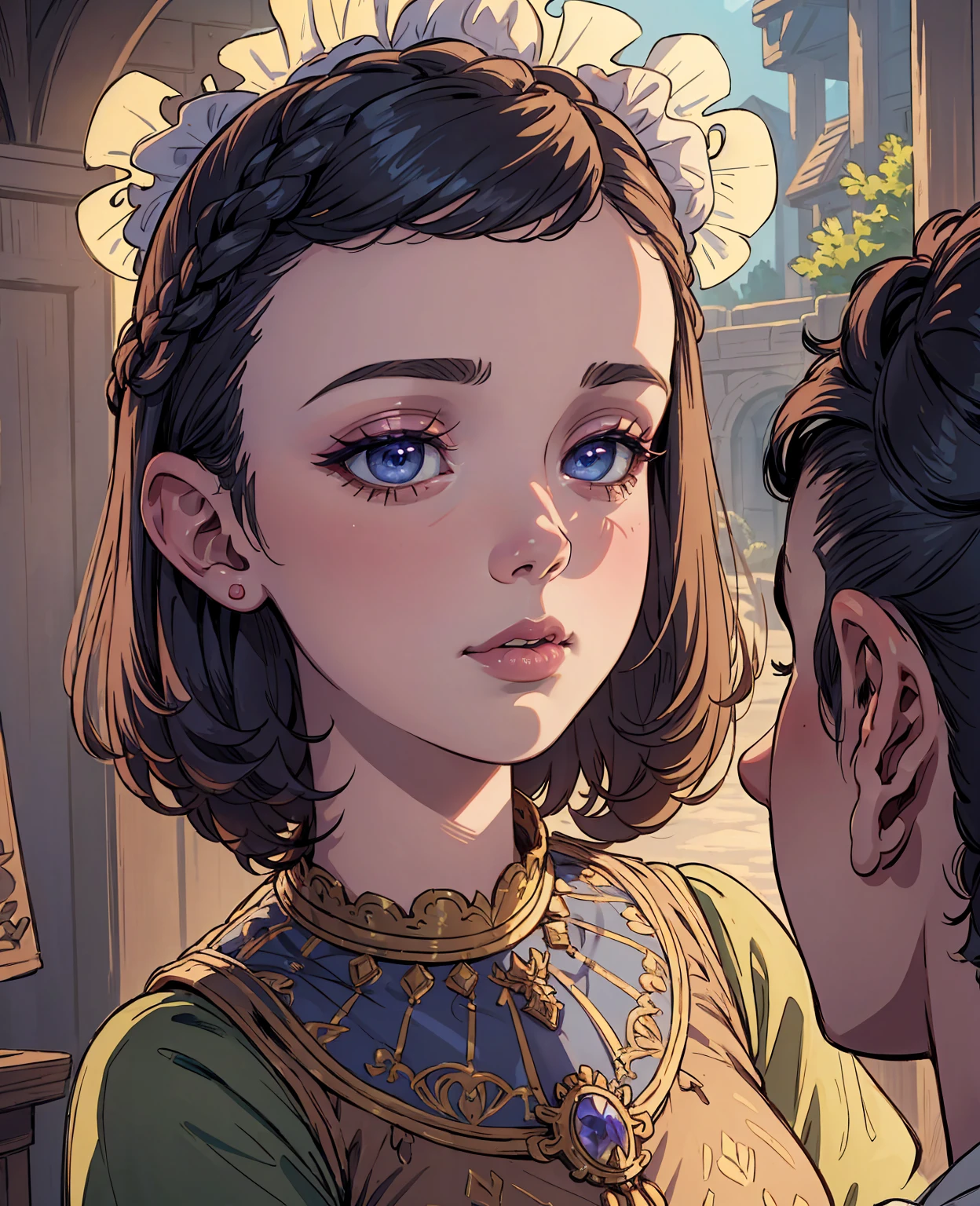 Millie bobby brown, villager in fantasy world, detailed facial features, beautiful eyes, detailed lips, long eyelashes, medieval dress, peasant girl, detailed jewelry, ornate hairstyle, warm lighting, glowing magical aura, soft pastel colors, dreamlike atmosphere, cinematic composition, intricate background details, high quality, 8k, photorealistic, masterpiece