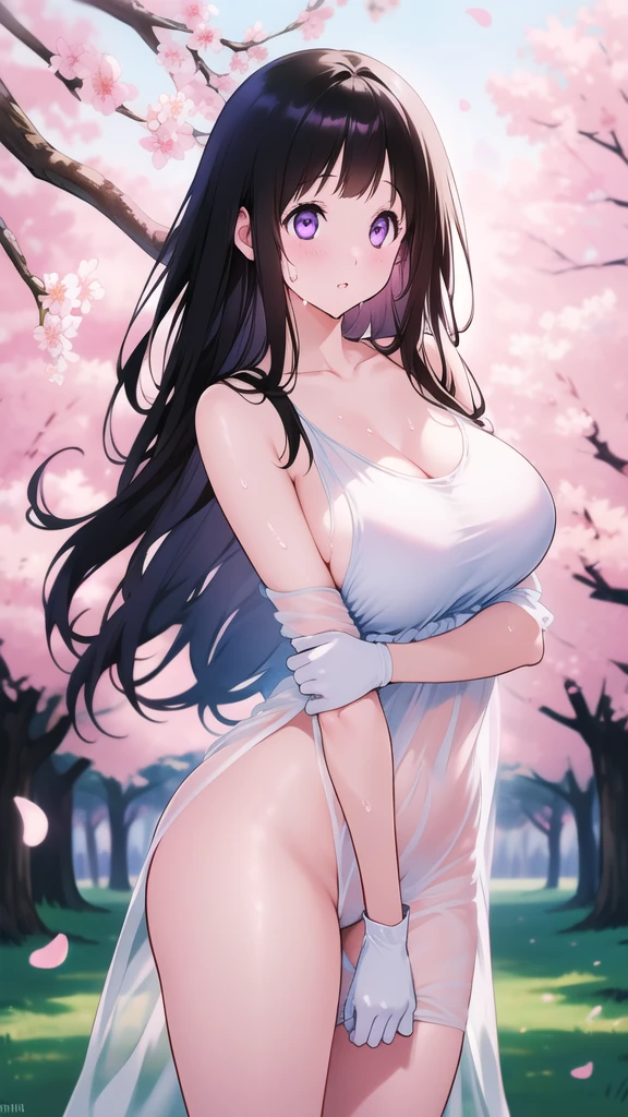 Amazing Chitanda, There is only one beautiful girl,Purple Eyes, Black Hair, Very red face,Very white skin,Glowing skin,Skin as delicate as porcelain,Naturally straight hair, Straight bangs,Extremely refined,Open lips,Long flowing hair,Beautiful Girl, Like a dream,Slim,Slim waist,Soft, (Sensual), (Kawaii), Dream quality,Beautiful ,Sheer loose dress,Areola,Comp naked,Lower edge east,White gloves,Flecoration,Deep V neckline,Loose neckline,Wide neckline,In school,The wind blows the hair,Place your hands on your inner thighs,Thighs clamp hands,Wet skin,Sweaty and sweaty,Sweating all over,it is raining,Next to the cherry blossom trees,Back to,Lean over,Hips,Side body,Gluteal groove,Completely naked的臀部,Bare back,Completeled的背部,Light transmission,(no p,nopan,pussy juice,Bare shoulders,There are nulder straps,Bare neck,Exposed collarbone,Exposing breasts,Exposing breasts侧面,Exposing breasts your waist,Show ttocks,Show your thposing the groin,(No pants),extremeltra-high resolution, (masterpiece:1.2, best quality), (Delicate and beautiful eyes: 1.2), (Beautiful and delicate face)