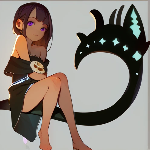 (nsfw, semi exposed body) 1 adult anime girl, standing alone, gazing at viewer, black tail, strong purple eyes, sitting down, breasts big, black gown, 2 very thin dress bands covering the breasts, hair listen, Long dark brown hair.