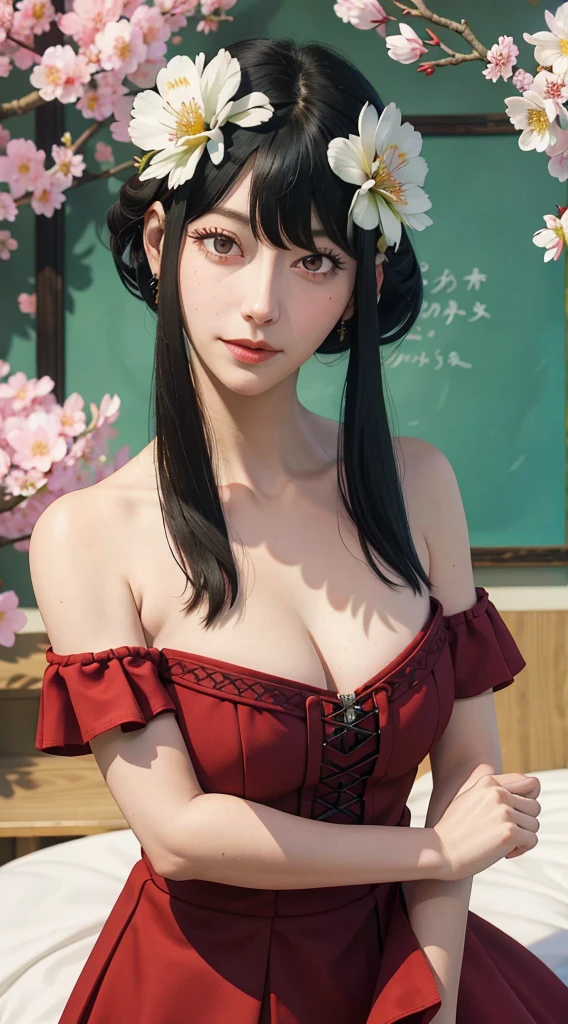 yor, Mature female, bangs, side locks, Red eyes, Black hair, hair adornments,sportrait, (face:1.2), schoolgirls, ssmile,bare shoulders, Black hair, cherry blossom, cleavage, (gown:1.21), clavicle, Willow Branch, (masterpiece best quality :1.2),