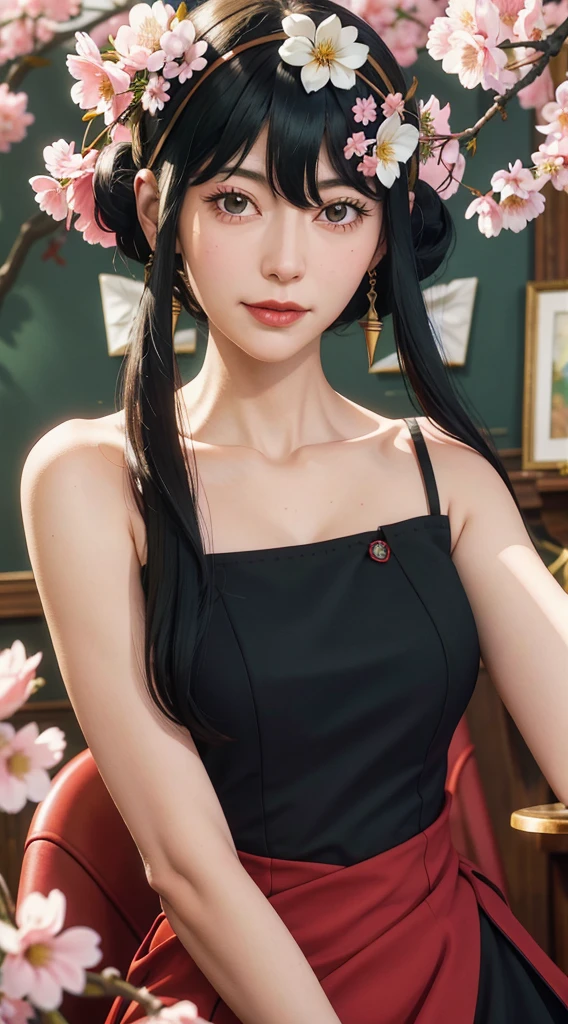 yor, Mature female, bangs, side locks, Red eyes, Black hair, hair adornments,sportrait, (face:1.2), schoolgirls, ssmile,bare shoulders, Black hair, cherry blossom, cleavage, (gown:1.21), clavicle, Willow Branch, (masterpiece best quality :1.2),