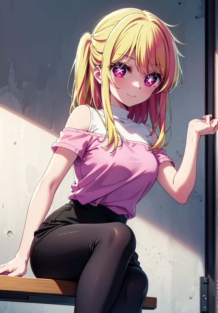 rubyhoshino, Hoshino Ruby, Long Hair, bangs, Blonde, (Pink Eyes:1.3), (Symbol-shaped pupil:1.5), Multicolored Hair, Two-tone hair, happy smile, smile, Close your mouth,
break, Cold Shoulder Shirt,Short sleeve,Long skirt,Black pantyhose,Stiletto heels,There is a computer on the table,sitting cross-legged on a chair,interior,whole bodyがイラストに入るように,Daytime,Clear skies,
break indoors, office,
break looking at viewer, whole body,
break (masterpiece:1.2), Highest quality, High resolution, unity 8k wallpaper, (figure:0.8), (Beautiful attention to detail:1.6), Highly detailed face, Perfect lighting, Highly detailed CG, (Perfect hands, Perfect Anatomy),